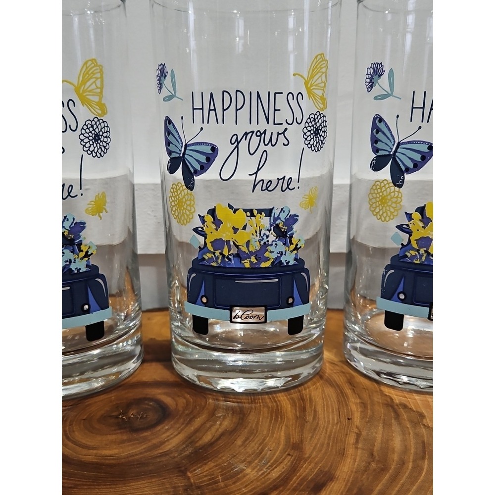 Vintage Set Of 3 "Happiness Grows Here" Drinking Tumbler Glasses Tall 16oz - Picture 4 of 7